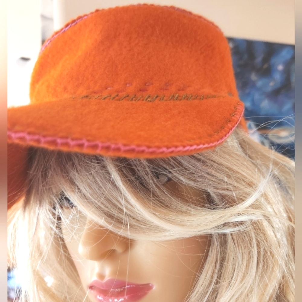 HELEN KAMINSKI Tangerine Orange Wool Multi Topstitch Travel Luxury Baseball Hat